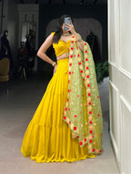 Lorenvalley Yellow Georgette Plain Lehenga Choli with Embroidery work Dupatta | Grocsy