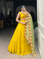 Lorenvalley Yellow Georgette Plain Lehenga Choli with Embroidery work Dupatta | Grocsy