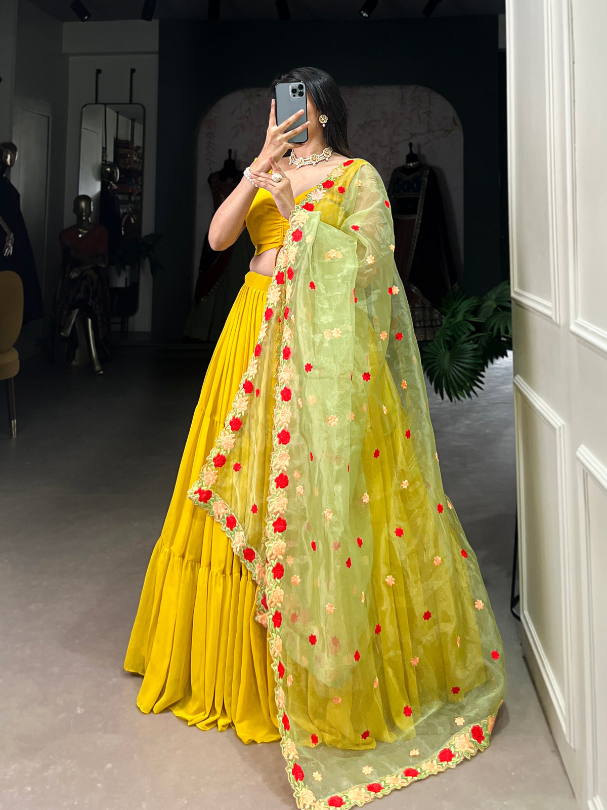 Lorenvalley Yellow Georgette Plain Lehenga Choli with Embroidery work Dupatta | Grocsy