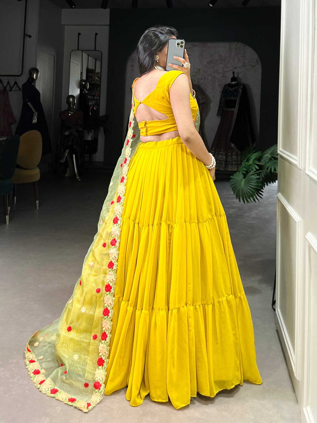 Lorenvalley Yellow Georgette Plain Lehenga Choli with Embroidery work Dupatta | Grocsy