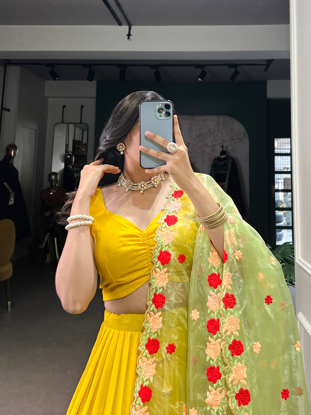 Lorenvalley Yellow Georgette Plain Lehenga Choli with Embroidery work Dupatta | Grocsy