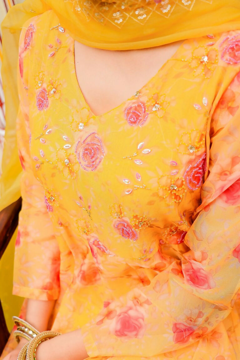 Vaasva Women Yellow Organza Floral Embroidered Anarkali Kurta, Pant & Dupatta set | Grocsy