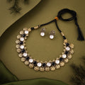 Tehzeeb Creations Black And White Colour Gold-Polished Stone Jewellery Choker Necklace Set With Matching Pair of Stud Earrings | Grocsy