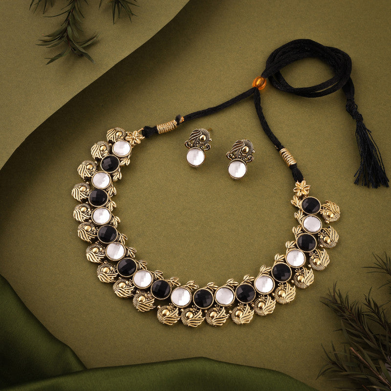 Tehzeeb Creations Black And White Colour Gold-Polished Stone Jewellery Choker Necklace Set With Matching Pair of Stud Earrings | Grocsy