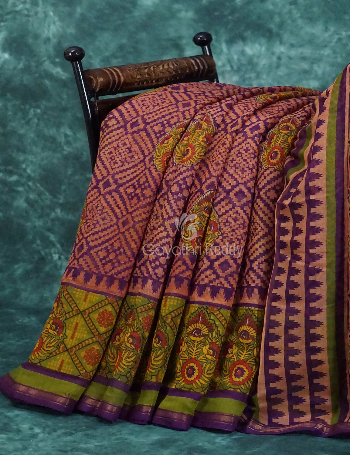 Light Orange And Purple Colour Printed Semi Chanderi Saree By Gayathri Reddy Designer Studio | Grocsy