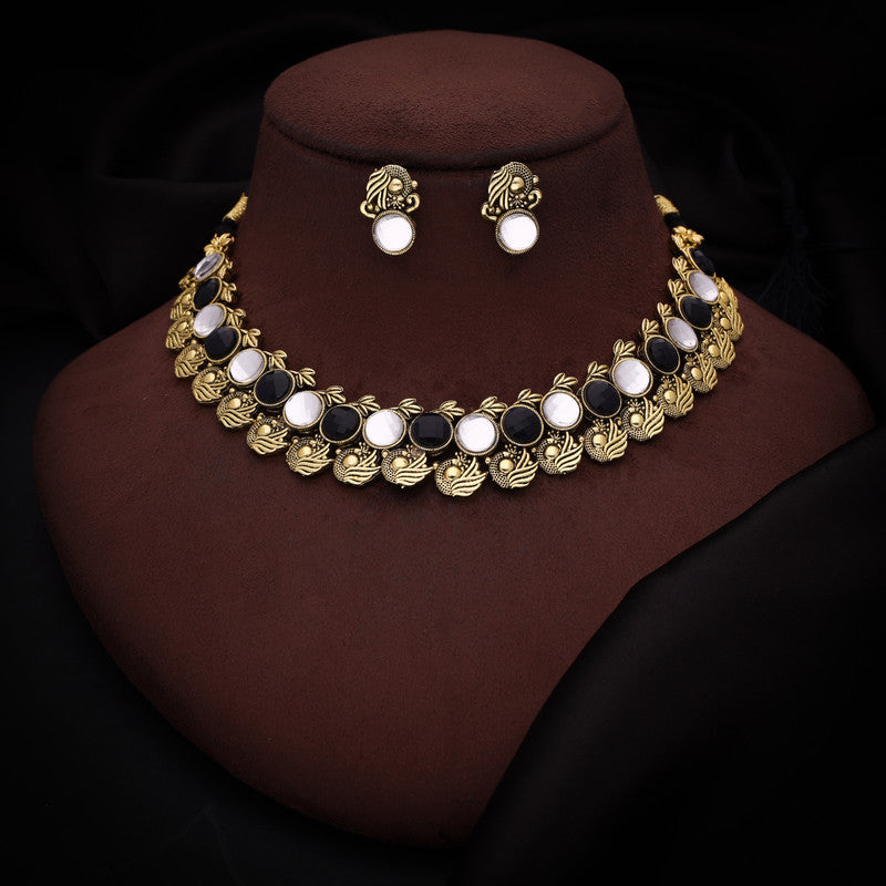 Tehzeeb Creations Black And White Colour Gold-Polished Stone Jewellery Choker Necklace Set With Matching Pair of Stud Earrings | Grocsy