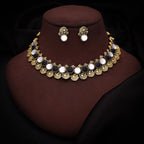 Tehzeeb Creations Black And White Colour Gold-Polished Stone Jewellery Choker Necklace Set With Matching Pair of Stud Earrings | Grocsy