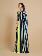 Sangria Navy Blue & Green Striped Satin Saree | Grocsy