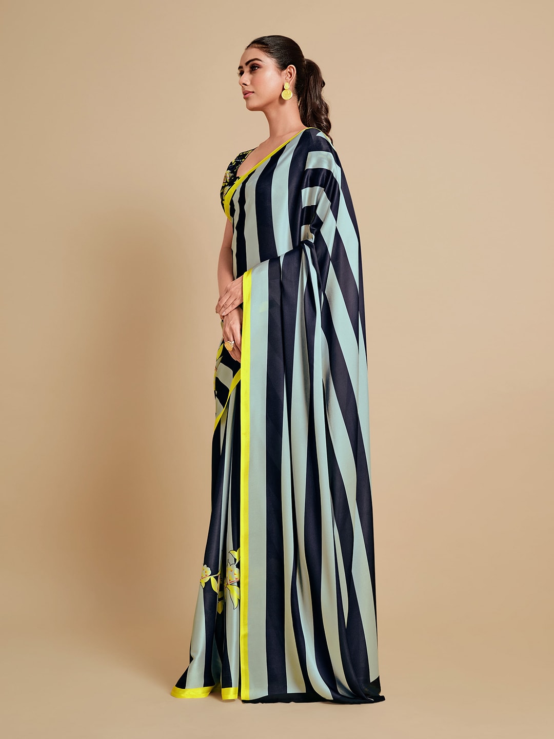 Sangria Navy Blue & Green Striped Satin Saree | Grocsy