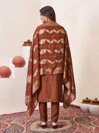 Vedant Vastram Roman Silk Hand Work & Embroidery Work Stitched Kurta Pant Dupatta Set-Brown | Grocsy