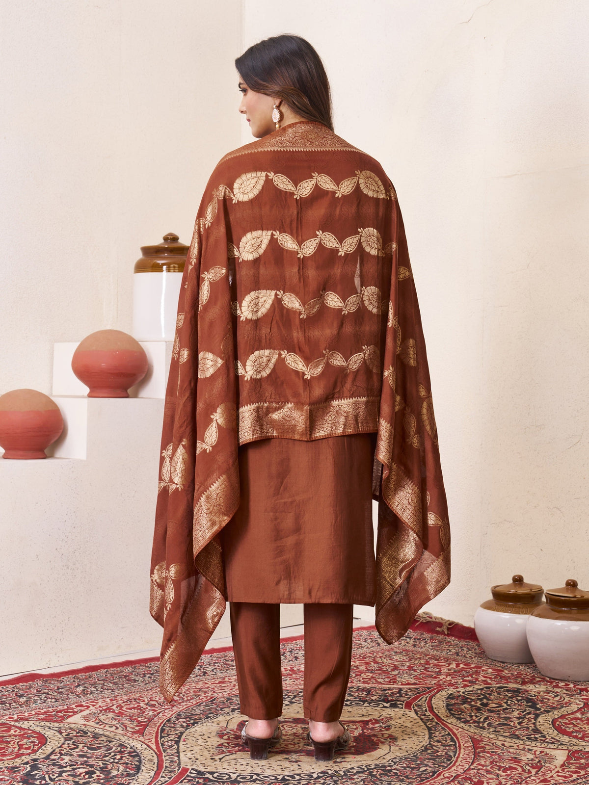 Vedant Vastram Roman Silk Hand Work & Embroidery Work Stitched Kurta Pant Dupatta Set-Brown | Grocsy
