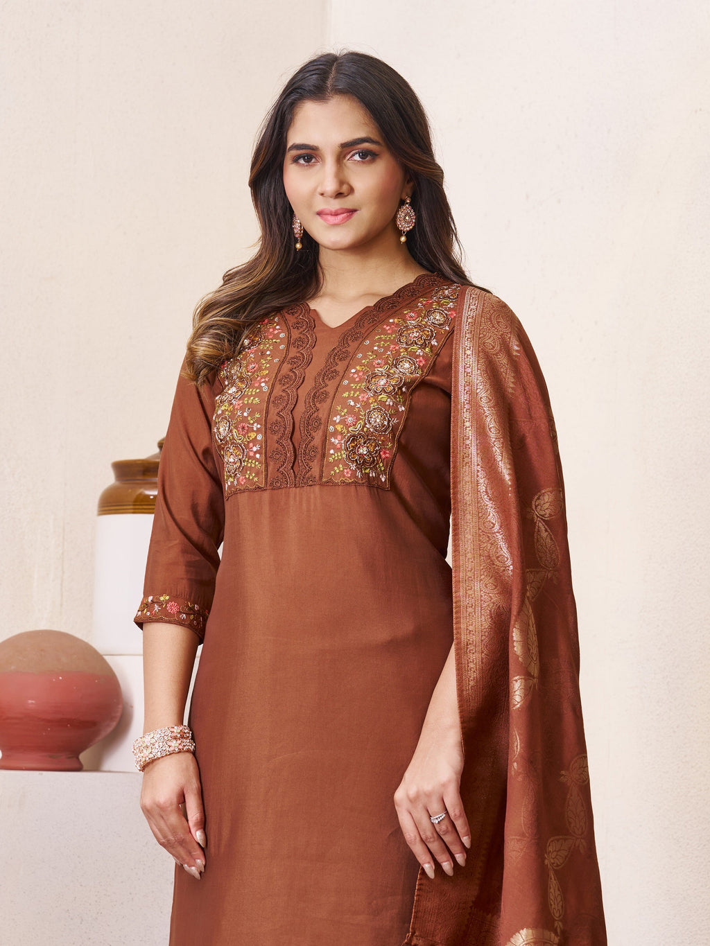 Vedant Vastram Roman Silk Hand Work & Embroidery Work Stitched Kurta Pant Dupatta Set-Brown | Grocsy