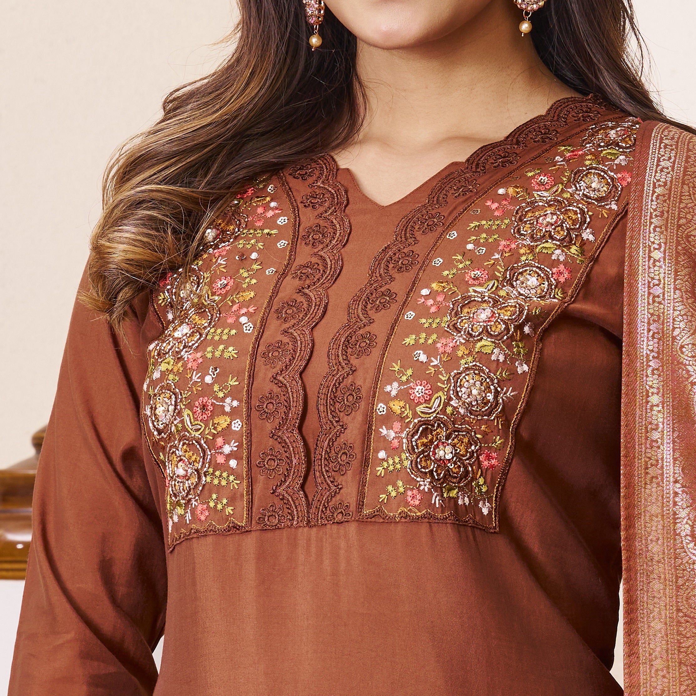 Vedant Vastram Roman Silk Hand Work & Embroidery Work Stitched Kurta Pant Dupatta Set-Brown | Grocsy