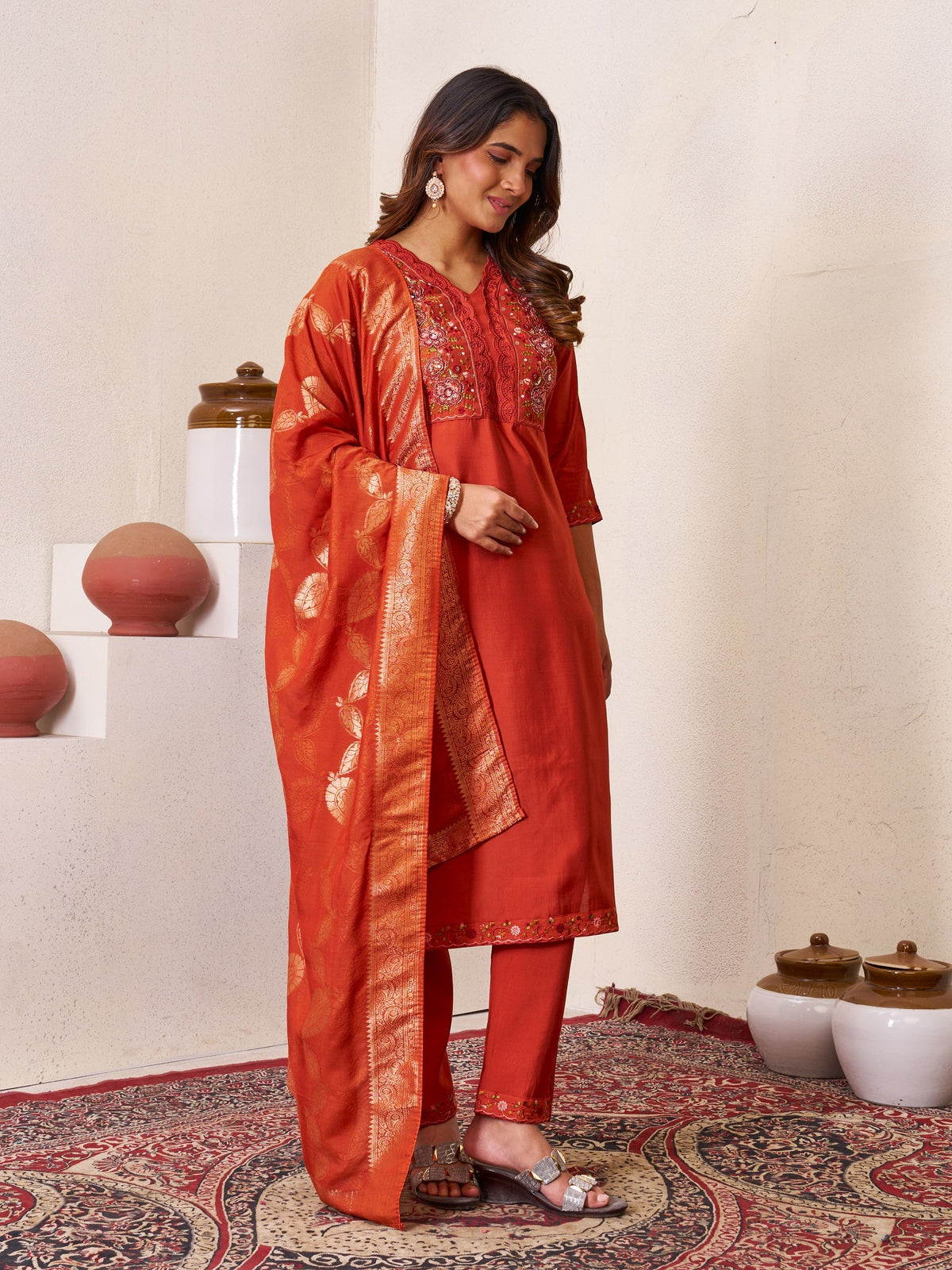 Vedant Vastram Roman Silk Hand Work & Embroidery Work Stitched Kurta Pant Dupatta Set-Coral Red | Grocsy