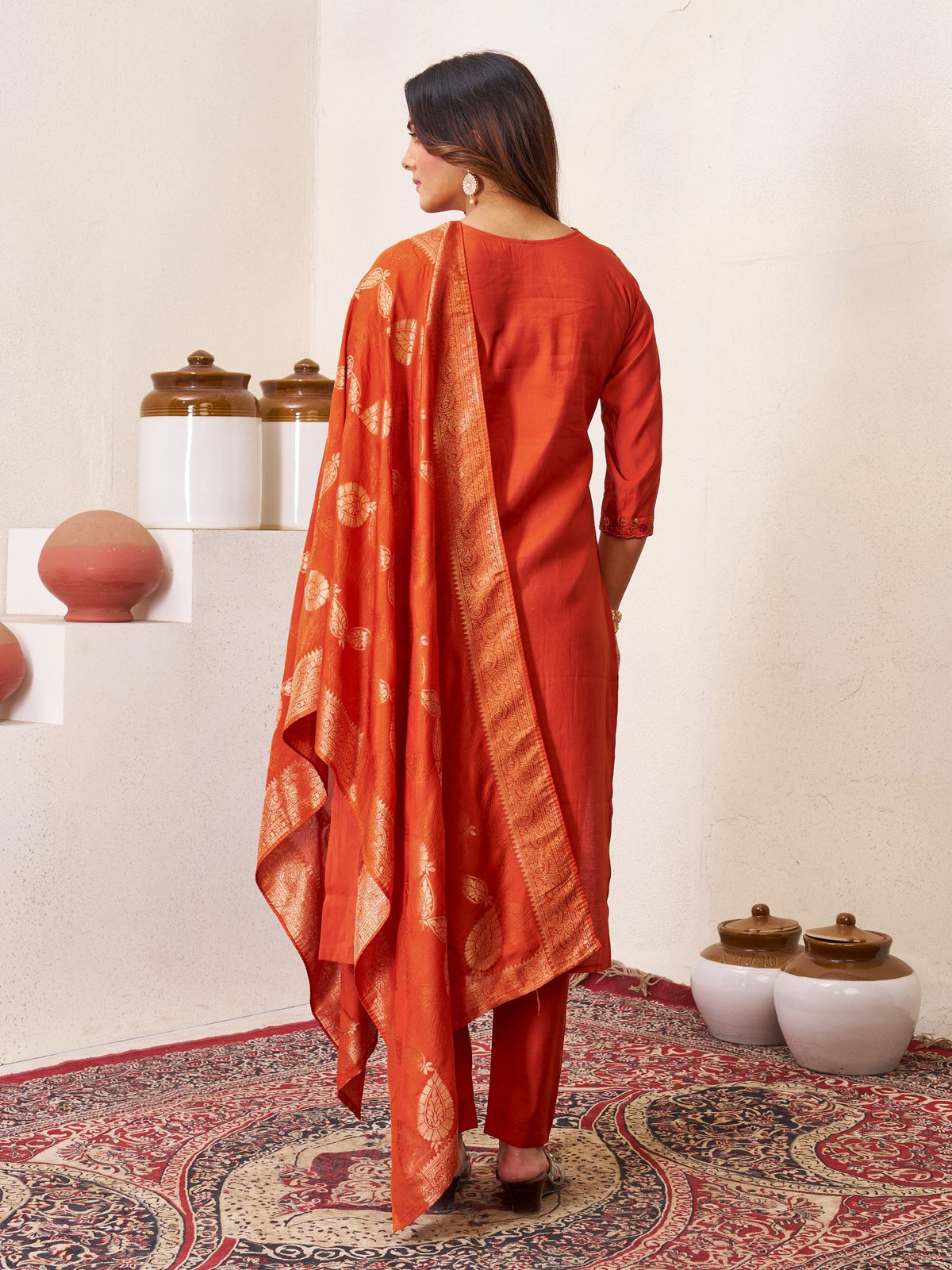 Vedant Vastram Roman Silk Hand Work & Embroidery Work Stitched Kurta Pant Dupatta Set-Coral Red | Grocsy