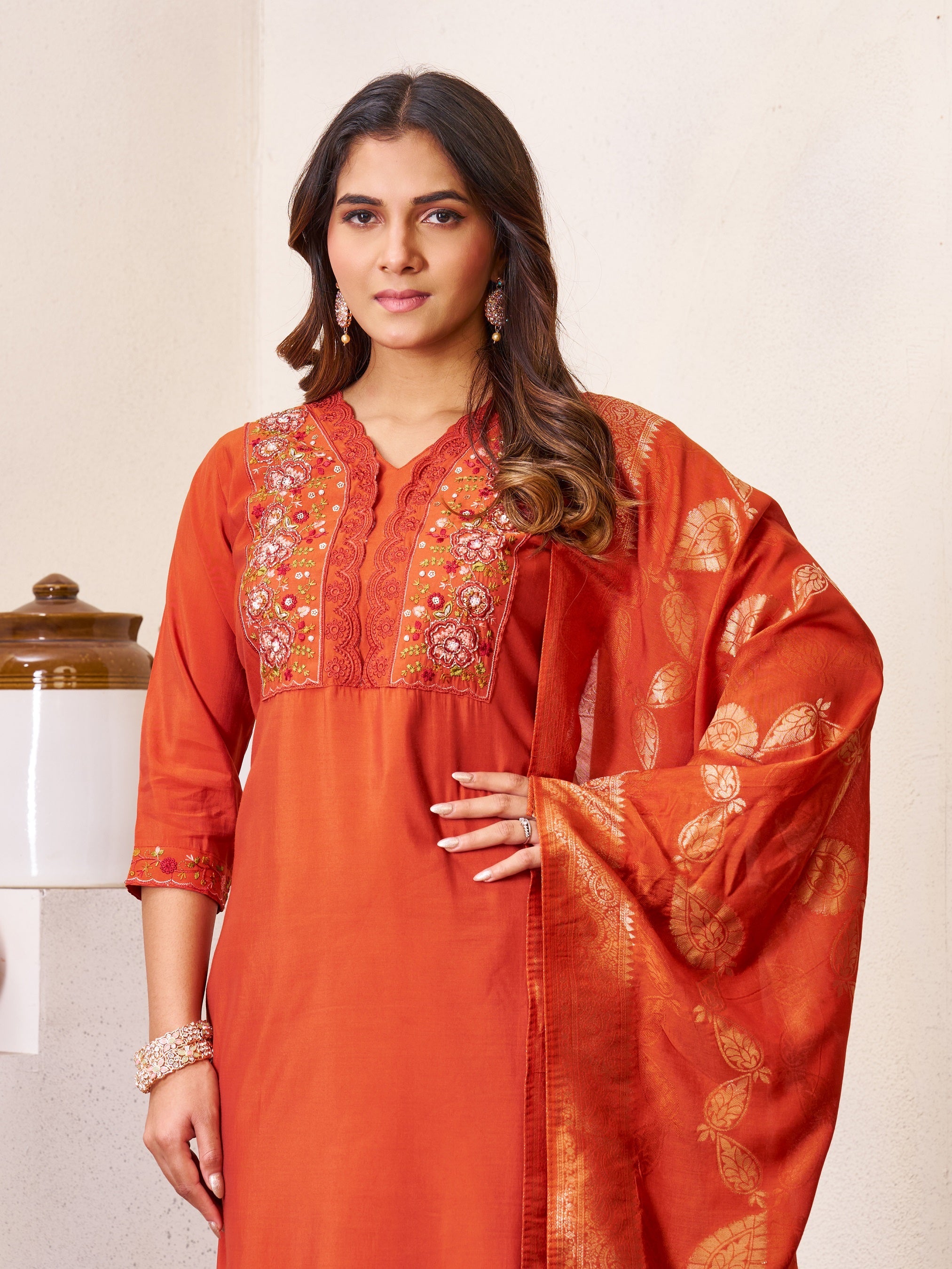 Vedant Vastram Roman Silk Hand Work & Embroidery Work Stitched Kurta Pant Dupatta Set-Coral Red | Grocsy