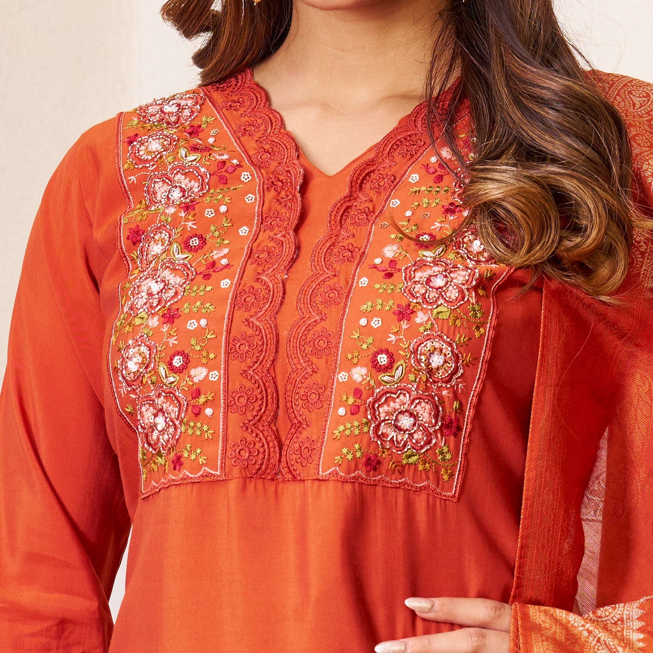 Vedant Vastram Roman Silk Hand Work & Embroidery Work Stitched Kurta Pant Dupatta Set-Coral Red | Grocsy