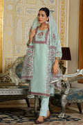 Vaasva Women Teal Chanderi Block Printed Embroidered Kurta Set With Solid Pants & Dupatta | Grocsy