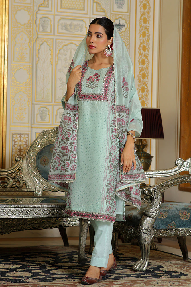 Vaasva Women Teal Chanderi Block Printed Embroidered Kurta Set With Solid Pants & Dupatta | Grocsy
