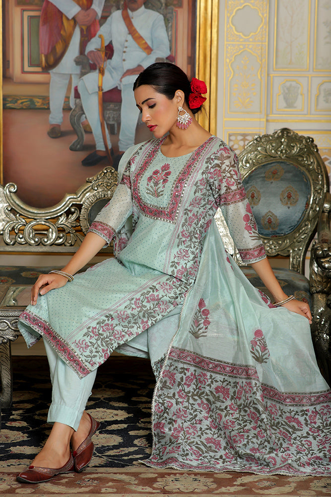 Vaasva Women Teal Chanderi Block Printed Embroidered Kurta Set With Solid Pants & Dupatta | Grocsy