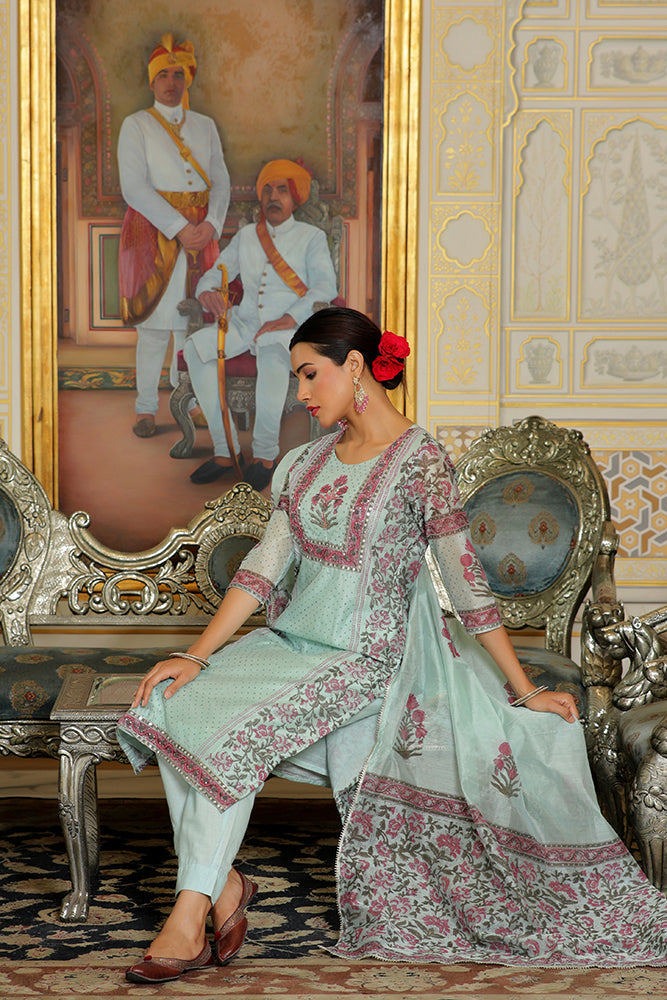 Vaasva Women Teal Chanderi Block Printed Embroidered Kurta Set With Solid Pants & Dupatta | Grocsy