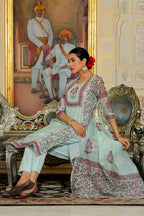 Vaasva Women Teal Chanderi Block Printed Embroidered Kurta Set With Solid Pants & Dupatta | Grocsy