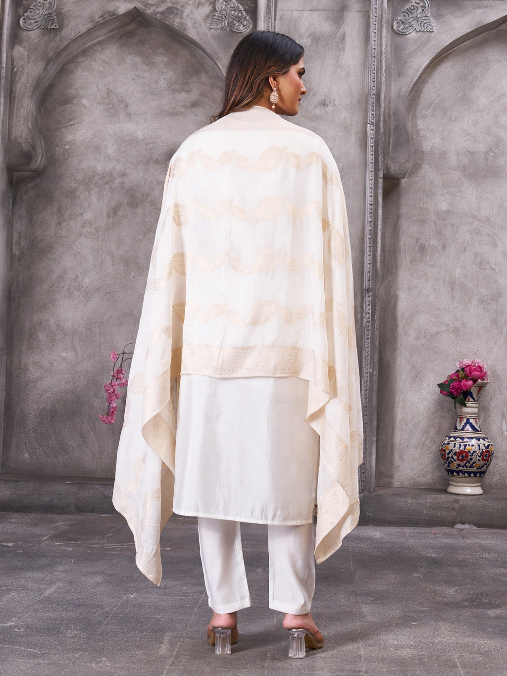 Vedant Vastram Roman Silk Hand Work & Embroidery Work Stitched Kurta Pant Dupatta Set-White | Grocsy