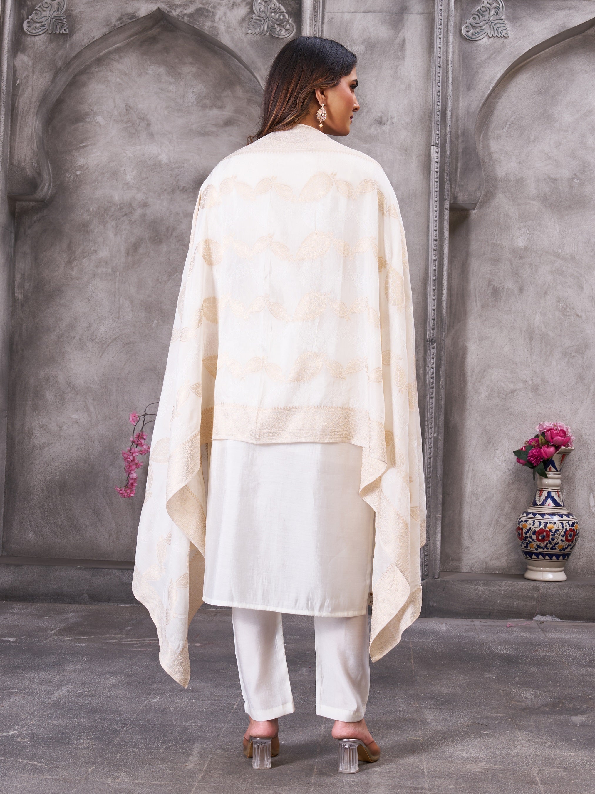 Vedant Vastram Roman Silk Hand Work & Embroidery Work Stitched Kurta Pant Dupatta Set-White | Grocsy
