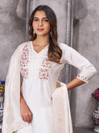 Vedant Vastram Roman Silk Hand Work & Embroidery Work Stitched Kurta Pant Dupatta Set-White | Grocsy