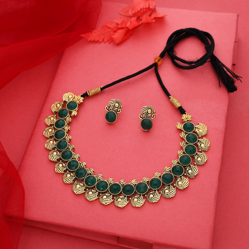 Tehzeeb Creations Green Colour Gold-Polished Stone Jewellery Choker Necklace Set With Matching Pair of Stud Earrings | Grocsy