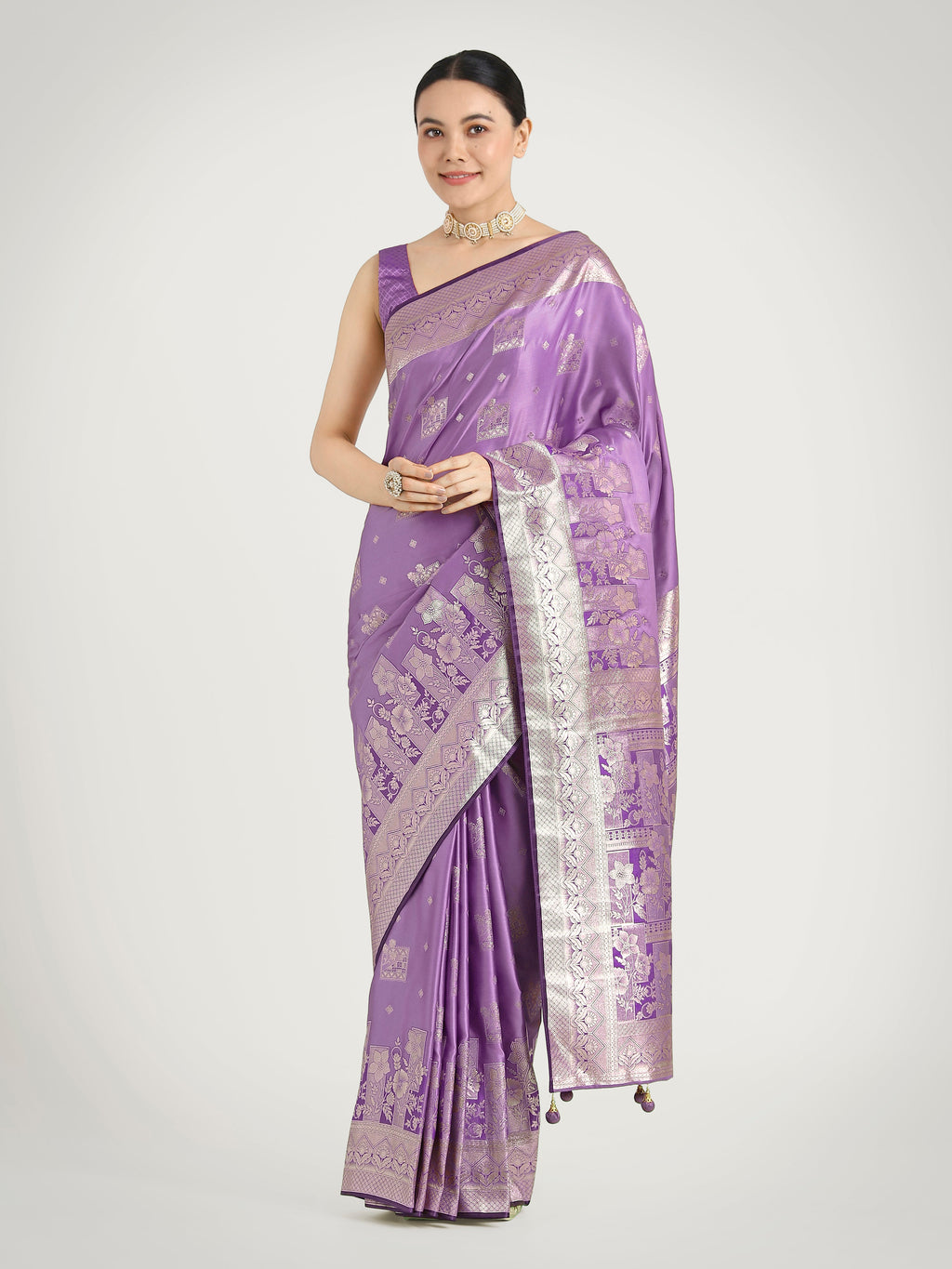 Monjolika Fashion Lavender Color Banarasi Satin Silk Zari Weaving Festival Saree | Grocsy