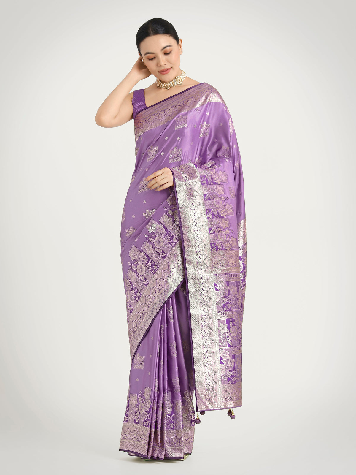 Monjolika Fashion Lavender Color Banarasi Satin Silk Zari Weaving Festival Saree | Grocsy