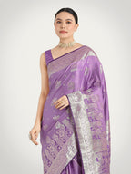 Monjolika Fashion Lavender Color Banarasi Satin Silk Zari Weaving Festival Saree | Grocsy