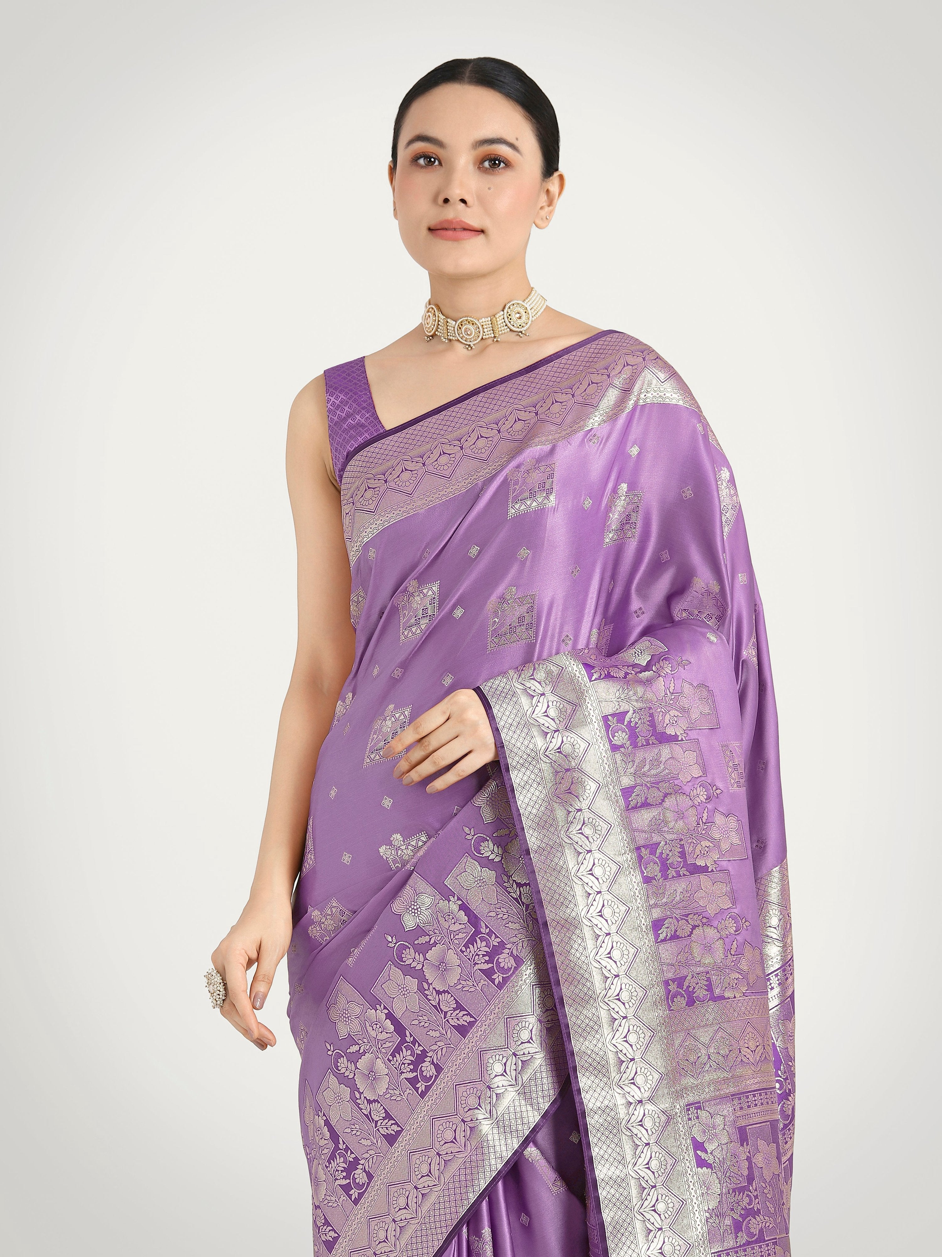 Monjolika Fashion Lavender Color Banarasi Satin Silk Zari Weaving Festival Saree | Grocsy