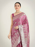 Monjolika Fashion Rose Pink Color Banarasi Satin Silk Zari Weaving Festival Saree | Grocsy