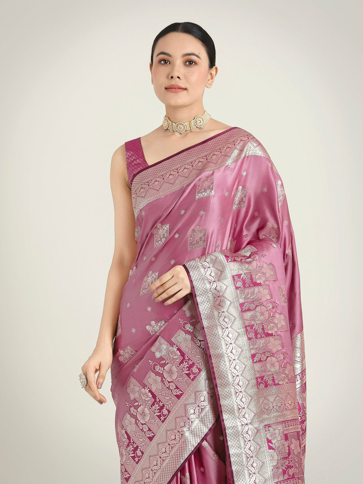 Monjolika Fashion Rose Pink Color Banarasi Satin Silk Zari Weaving Festival Saree | Grocsy