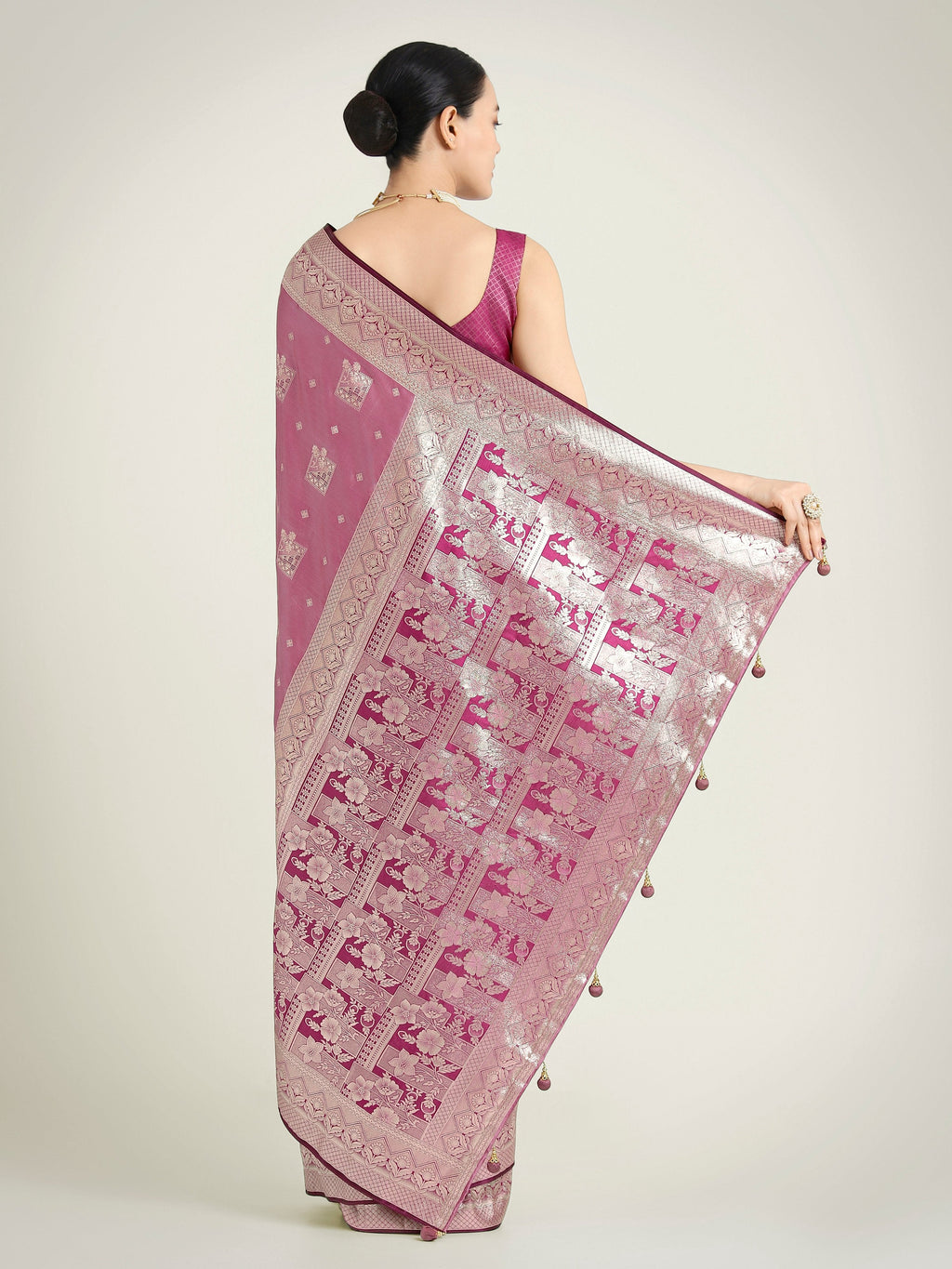 Monjolika Fashion Rose Pink Color Banarasi Satin Silk Zari Weaving Festival Saree | Grocsy