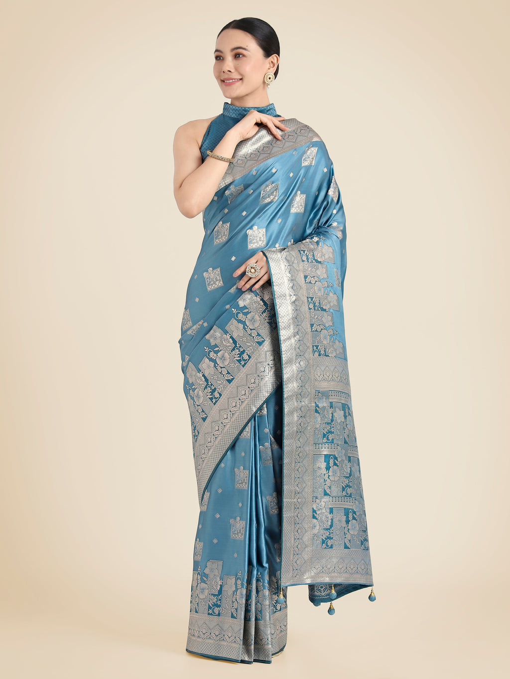 Monjolika Fashion Cyan blue Pink Color Banarasi Satin Silk Zari Weaving Festival Saree | Grocsy