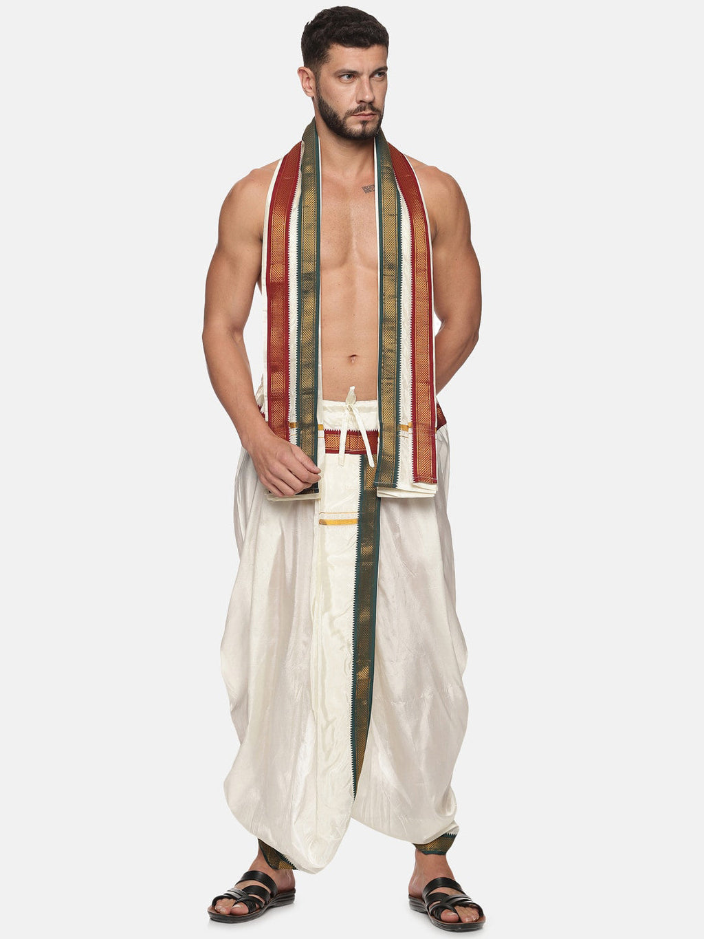 Sethukrishna Men Cream Solid Readymade Dhoti Pants With Angavastram | Grocsy