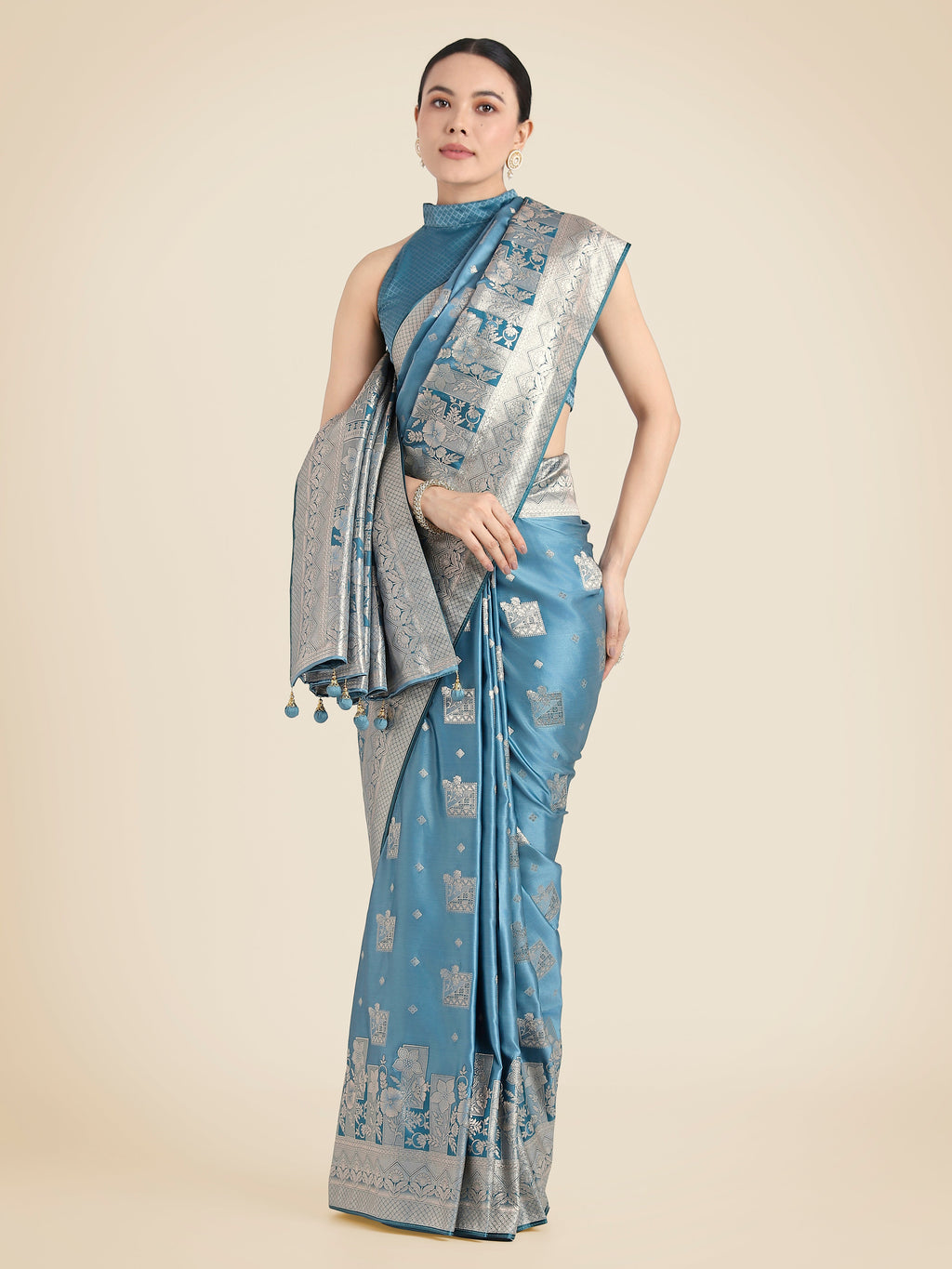 Monjolika Fashion Cyan blue Pink Color Banarasi Satin Silk Zari Weaving Festival Saree | Grocsy