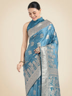 Monjolika Fashion Cyan blue Pink Color Banarasi Satin Silk Zari Weaving Festival Saree | Grocsy