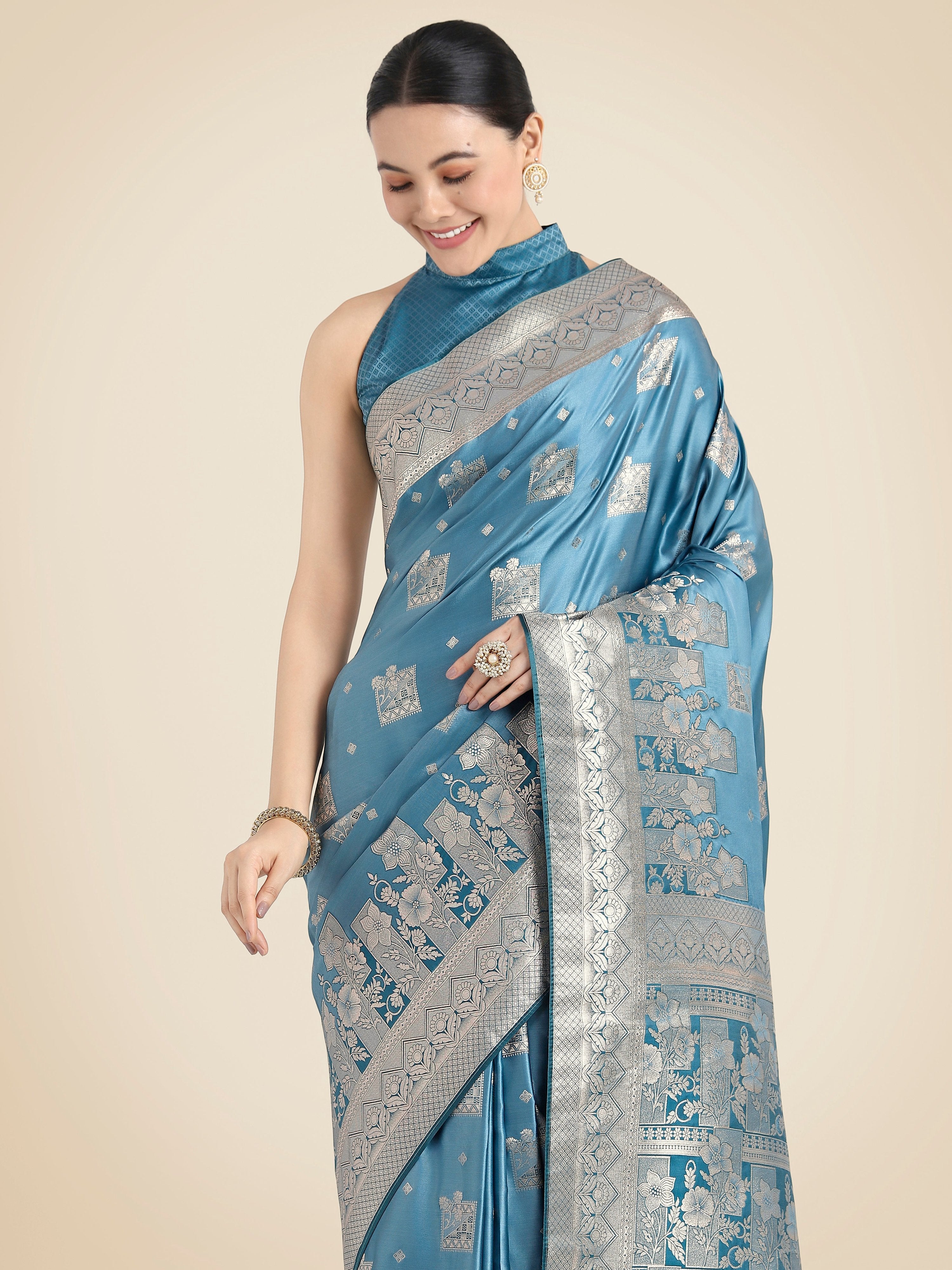 Monjolika Fashion Cyan blue Pink Color Banarasi Satin Silk Zari Weaving Festival Saree | Grocsy