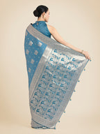 Monjolika Fashion Cyan blue Pink Color Banarasi Satin Silk Zari Weaving Festival Saree | Grocsy