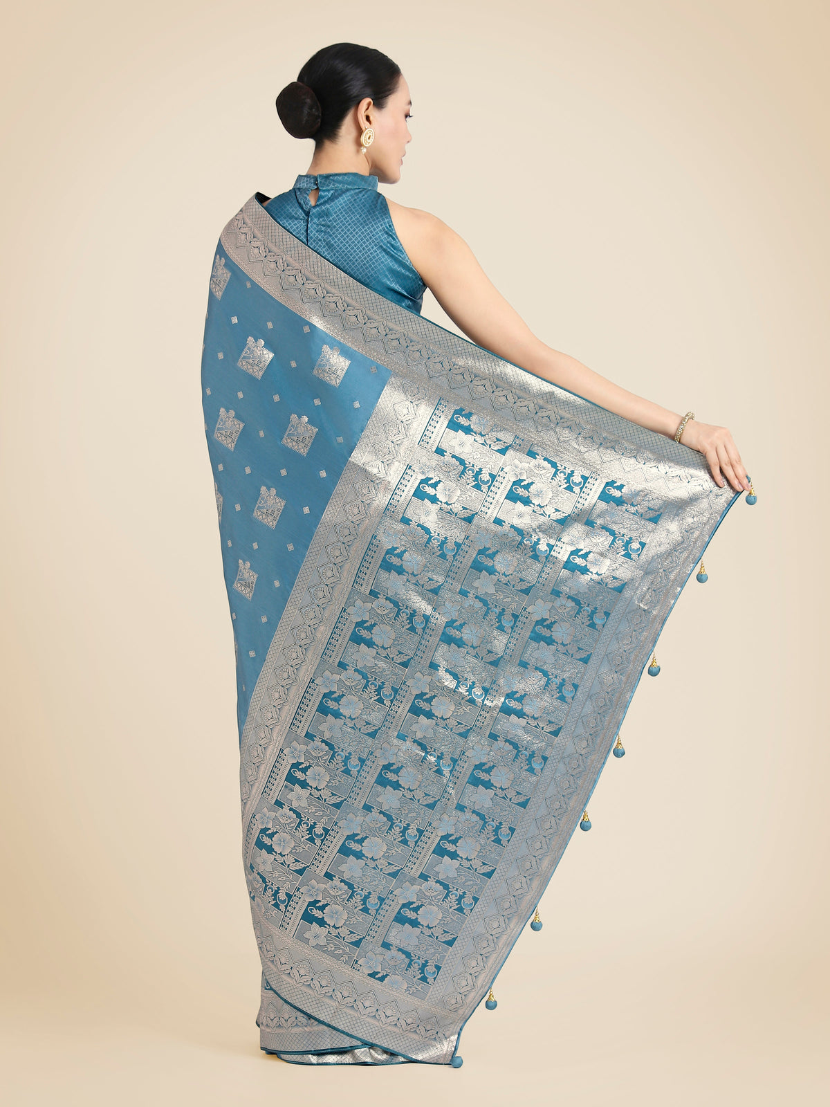Monjolika Fashion Cyan blue Pink Color Banarasi Satin Silk Zari Weaving Festival Saree | Grocsy