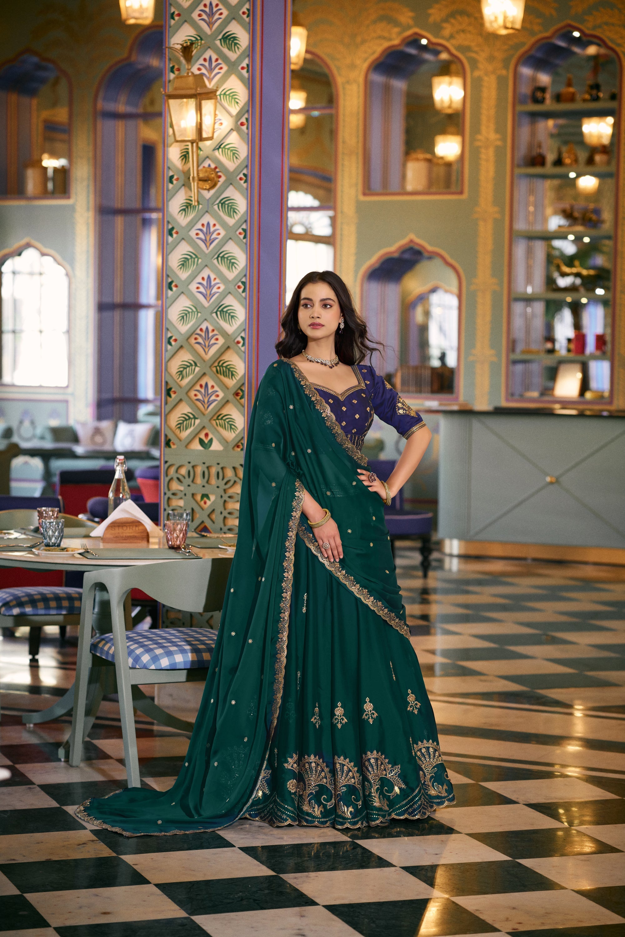 Lorenvalley Fashion Teal Rangoli Silk Sequins and Thread Embroidery Work Lehenga Choli with Dupatta | Grocsy