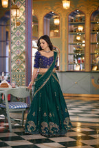 Lorenvalley Fashion Teal Rangoli Silk Sequins and Thread Embroidery Work Lehenga Choli with Dupatta | Grocsy