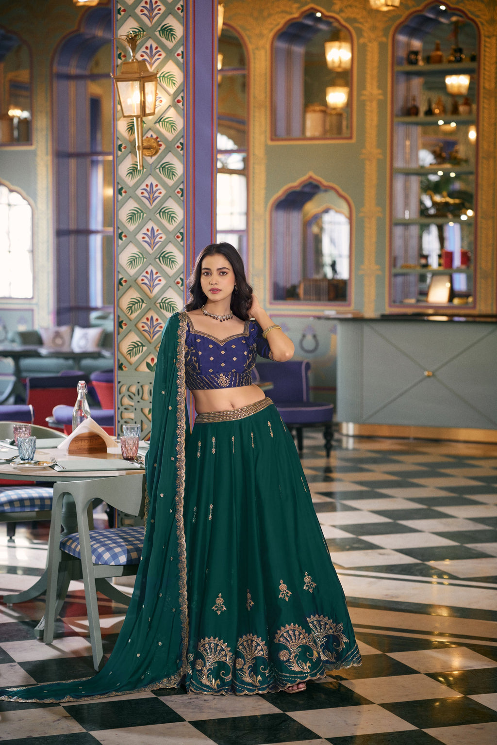 Lorenvalley Fashion Teal Rangoli Silk Sequins and Thread Embroidery Work Lehenga Choli with Dupatta | Grocsy