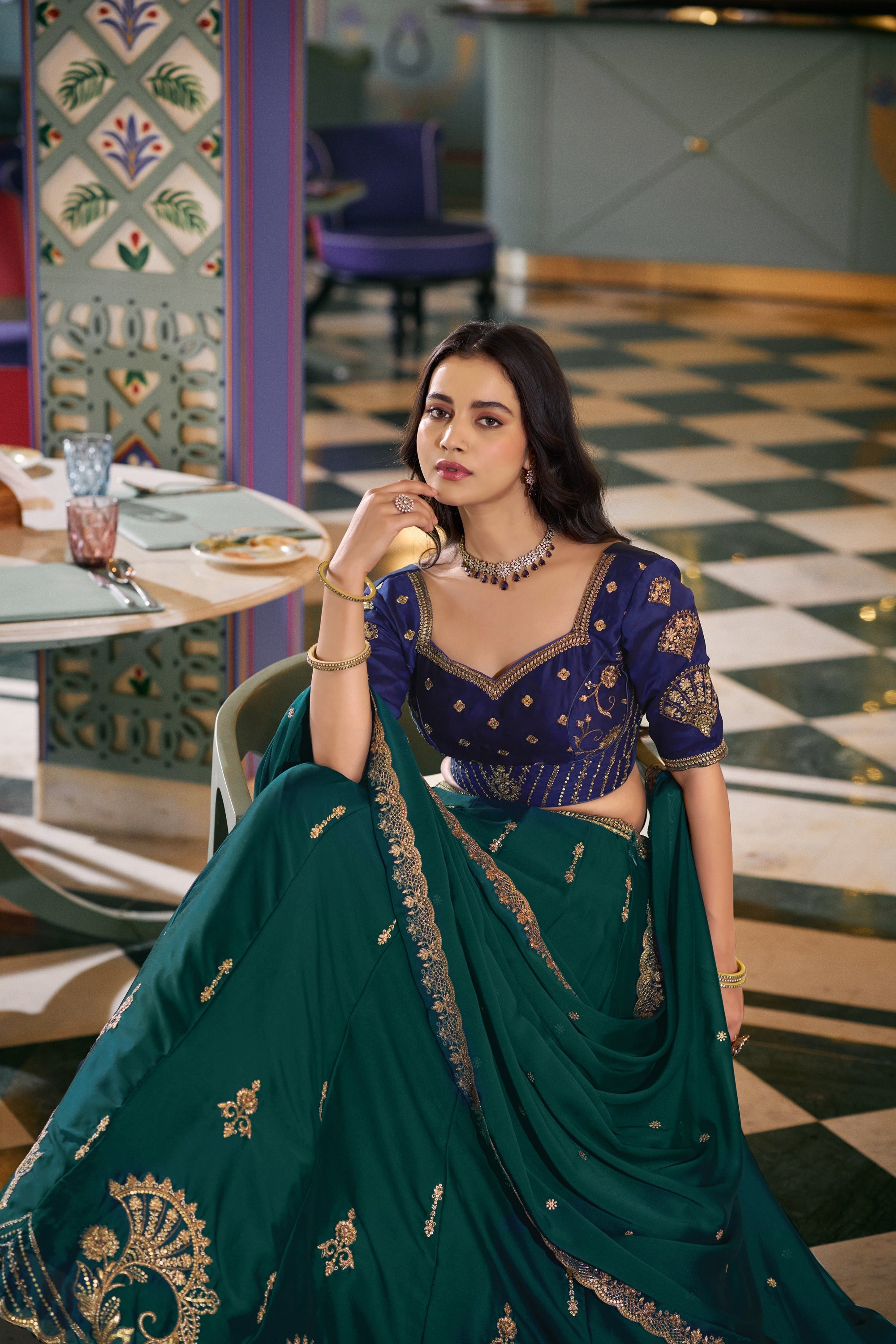 Lorenvalley Fashion Teal Rangoli Silk Sequins and Thread Embroidery Work Lehenga Choli with Dupatta | Grocsy