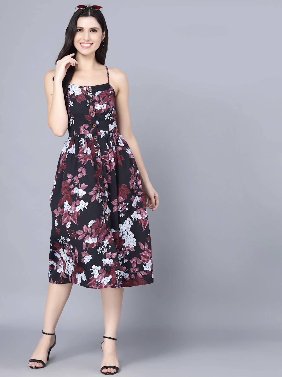Myshka Multicoloured Floral Organic Cotton Crepe Midi Dress | Grocsy