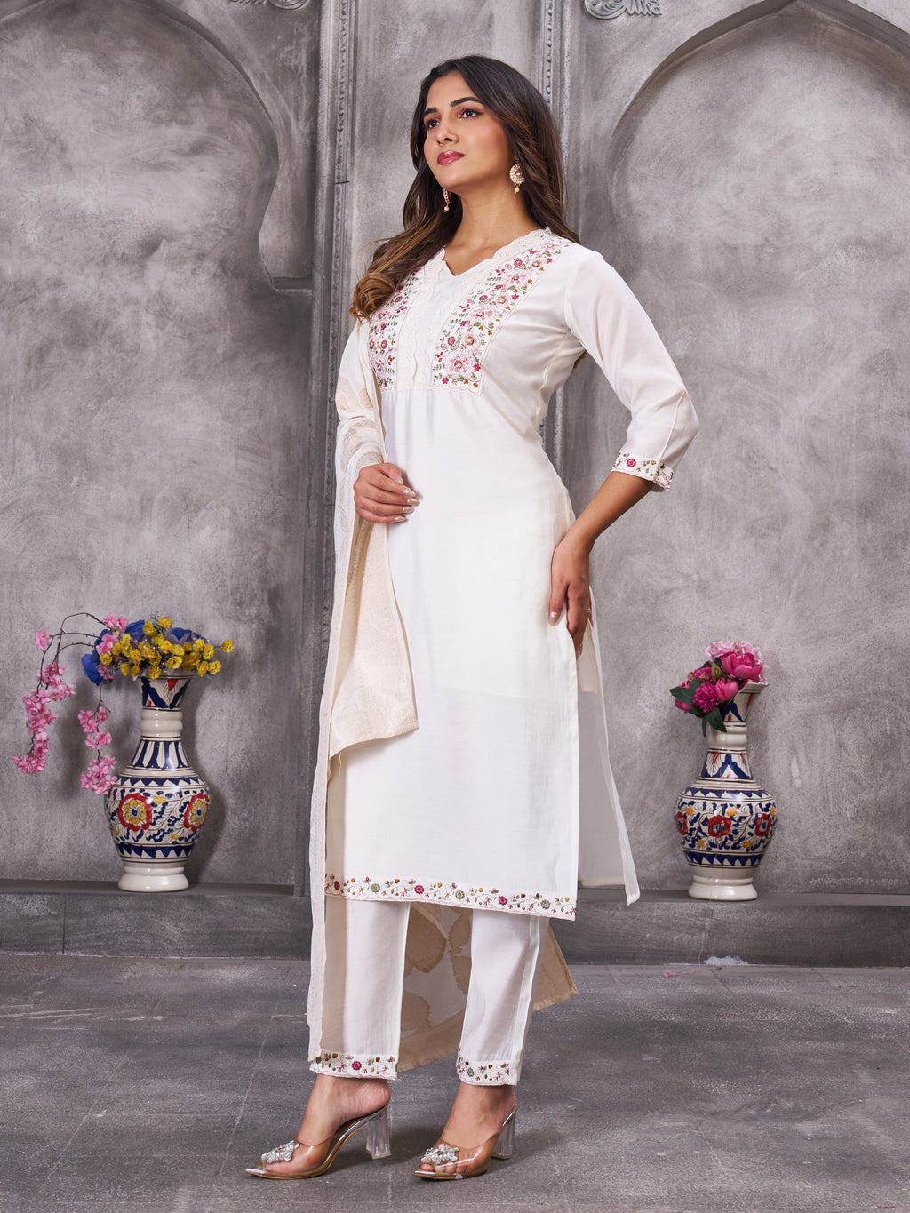 Lorenvalley Fashion White Roman Silk Multi Embroidery Sequins With Hand Work Kurta Pant Dupatta | Grocsy